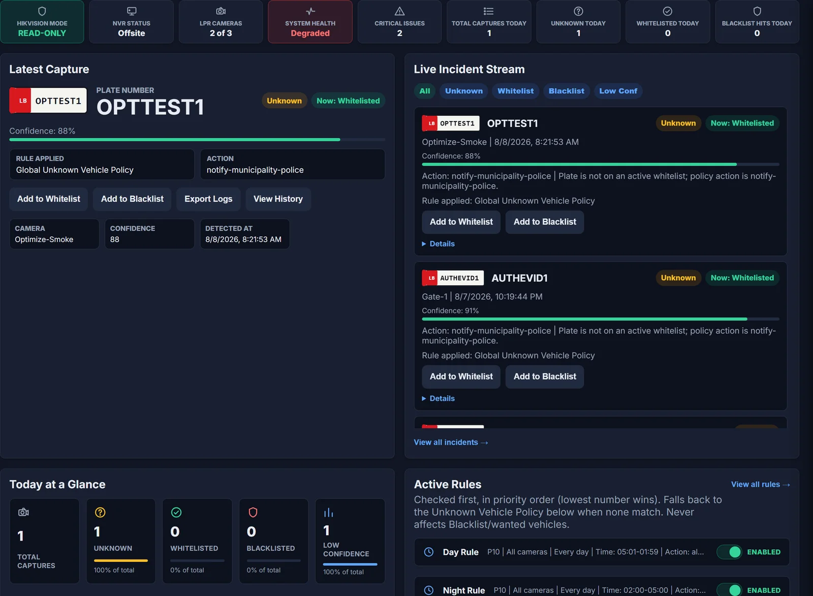 CamOps dashboard showing live license-plate classification and watchlist rules