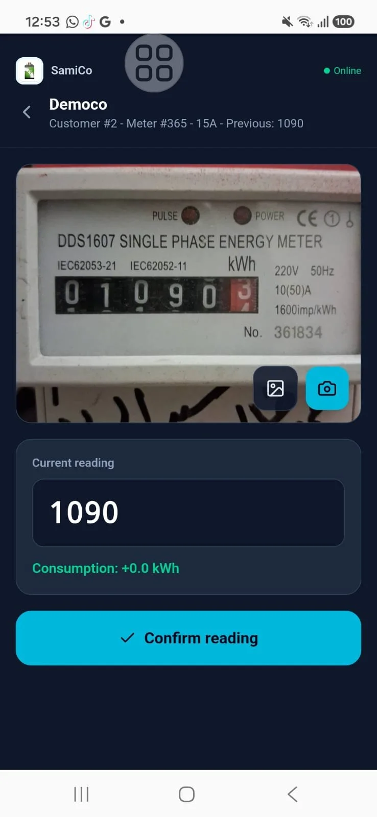 Meter reading capture screen showing an OCR-extracted reading and confirmation button