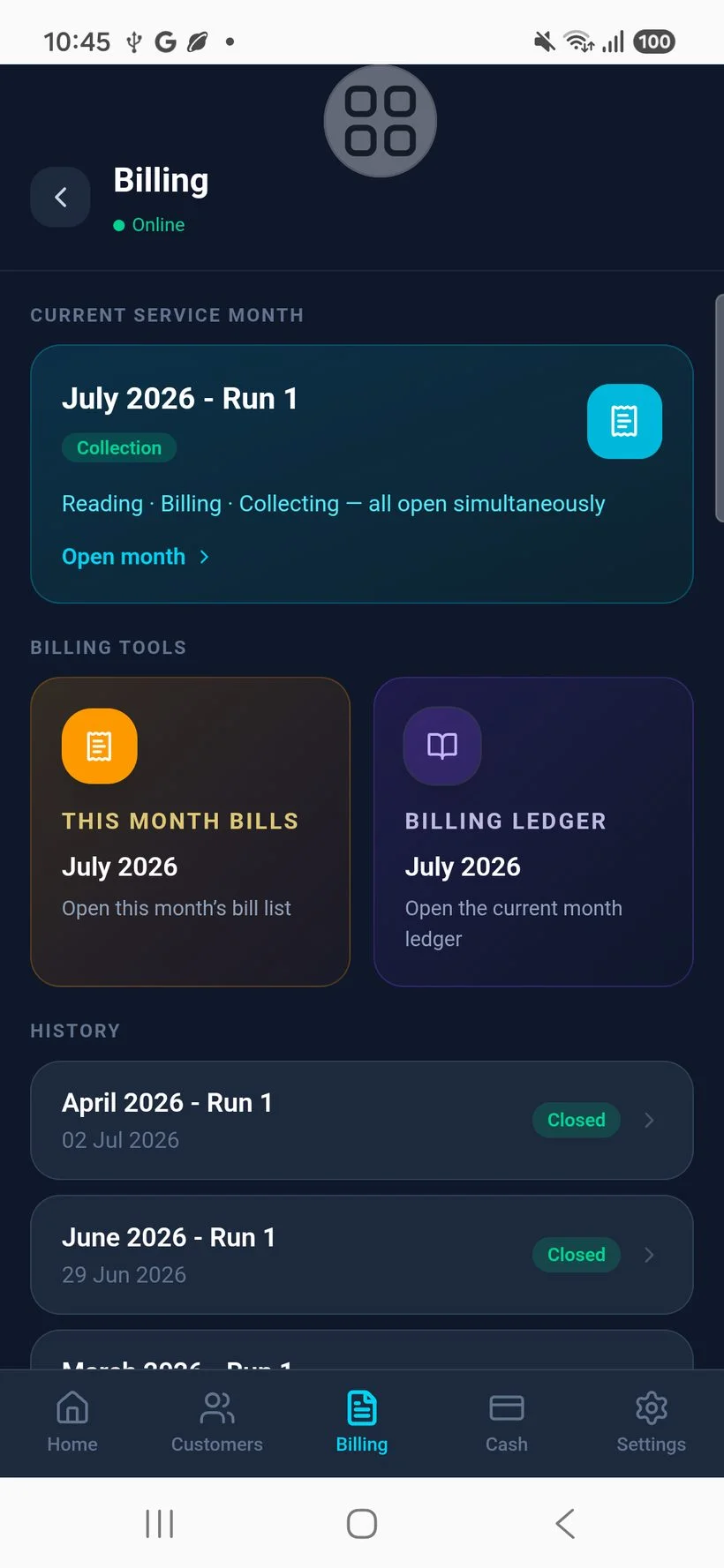 Fatoura Ichtirak service-month billing screen