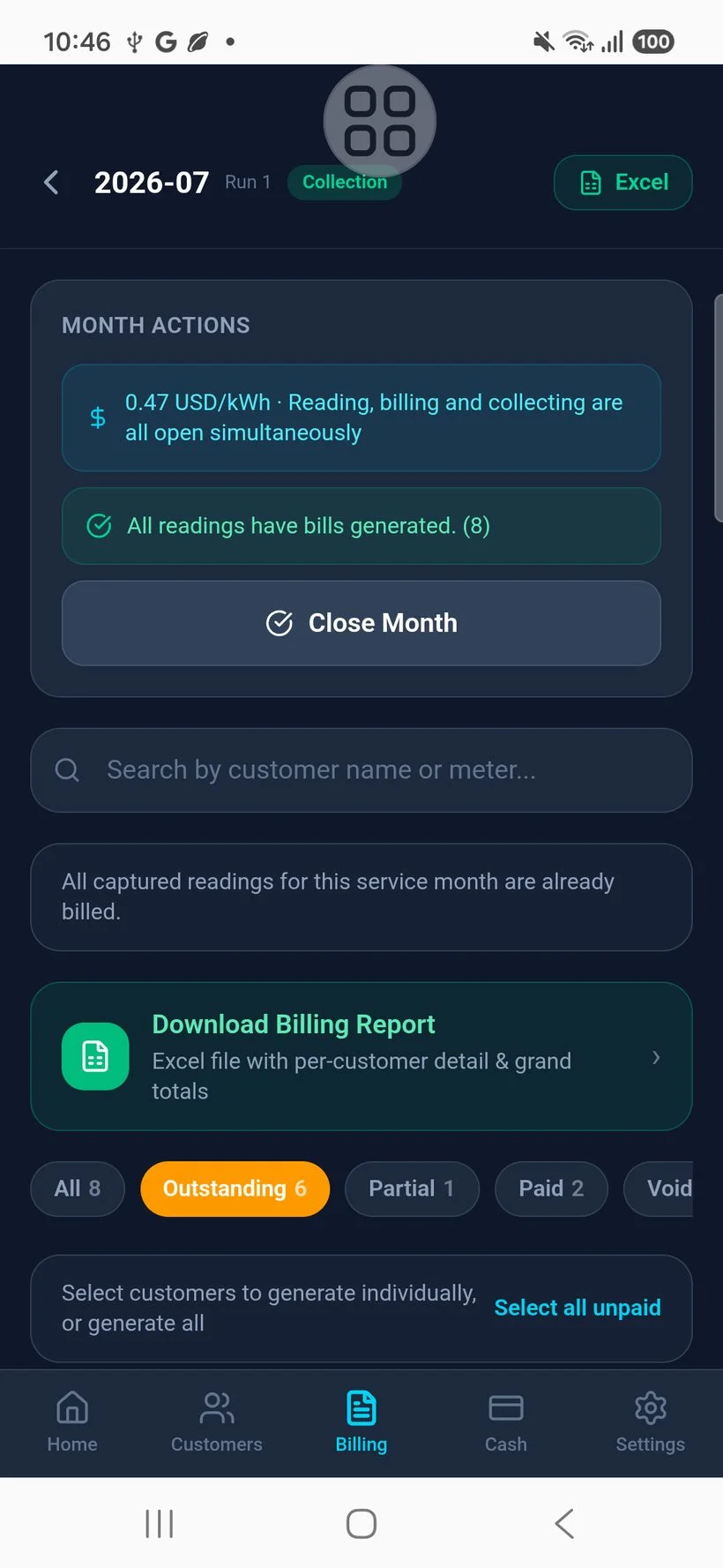 Fatoura Ichtirak bill list and Excel export screen